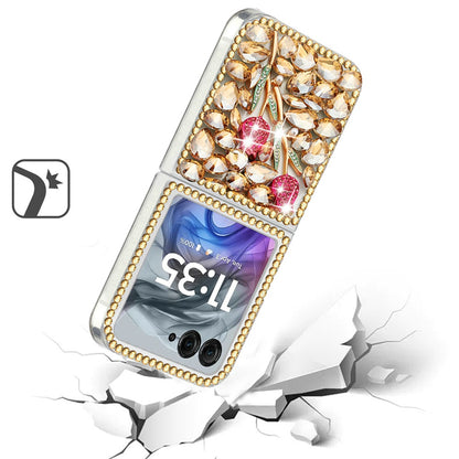 For Motorola Razr 2025 /2024 Bling Crystal 3D Full Diamonds Luxury Sparkle Rhinestone Hybrid Case Cover Gold Exquisite Garden Flower