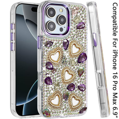 Phone Case for Apple iPhone 16 Pro Max Luxury Crystal Heart Rhinestone Diamond Bling Shockproof Hybrid Glitter Protective Stylish Durable Grip Cover Dark Purple