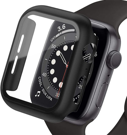 For Apple Watch Size 42mm Hard PC Electroplate Frame Face Full Coverage Protective with Tempered Glass Screen Protector Case Cover Black