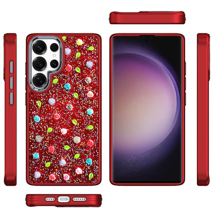 For Samsung Galaxy S25 Ultra Floral Design Embedded Glass Diamond Fancy Fashion Glitter Bling Sparkly Hybrid Rugged TPU Bumper Case Cover