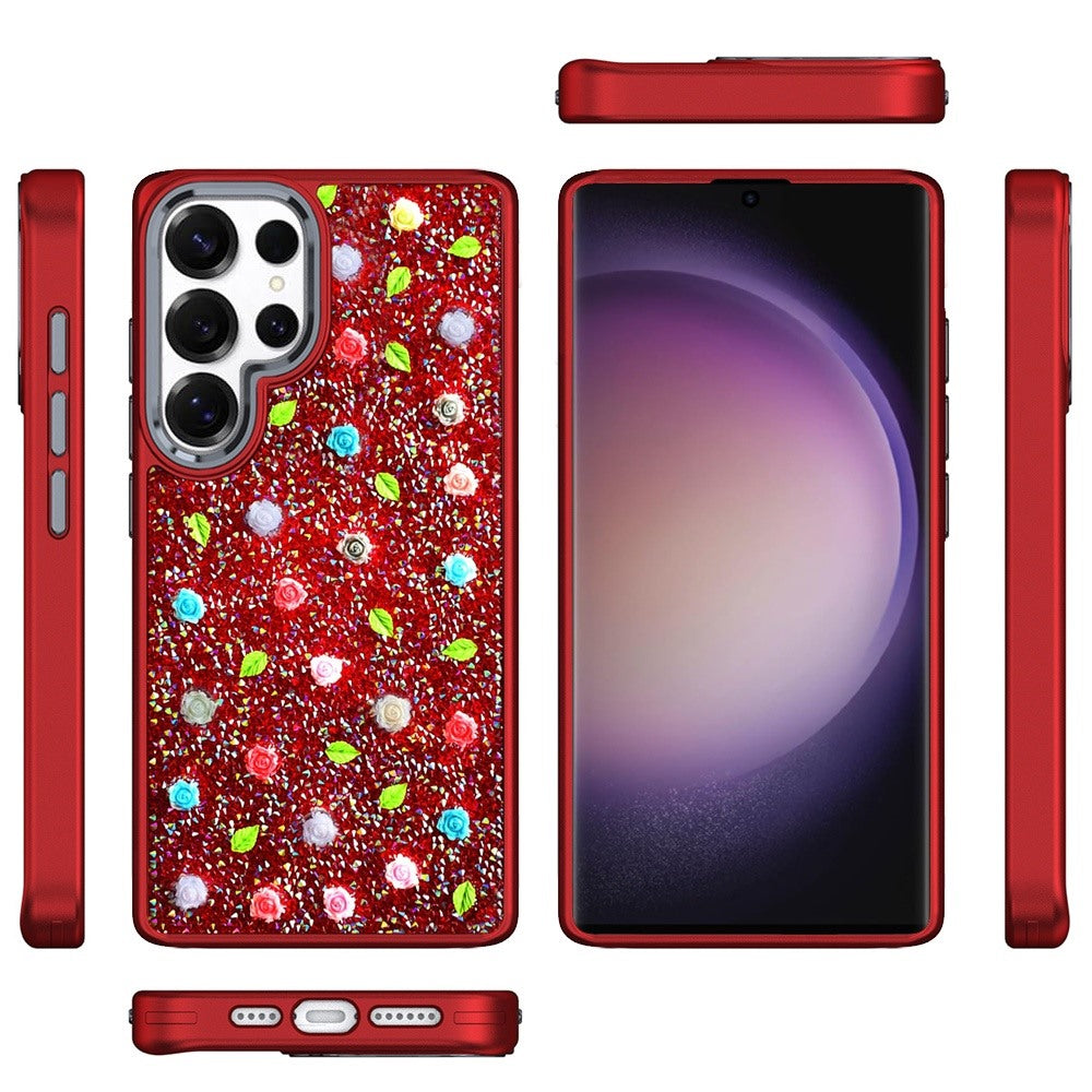 For Samsung Galaxy S24 Ultra Floral Design Embedded Glass Diamond Fancy Fashion Glitter Bling Sparkly Hybrid Rugged TPU Bumper Case Cover