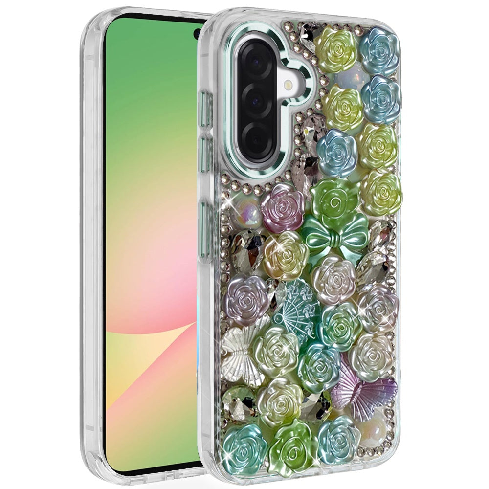 For Samsung Galaxy A57 Muti-Color Floral Fashion Bling Crystal 3D Full Diamonds Stones Sparkle Rhinestone Glitter Hybrid Case Cover