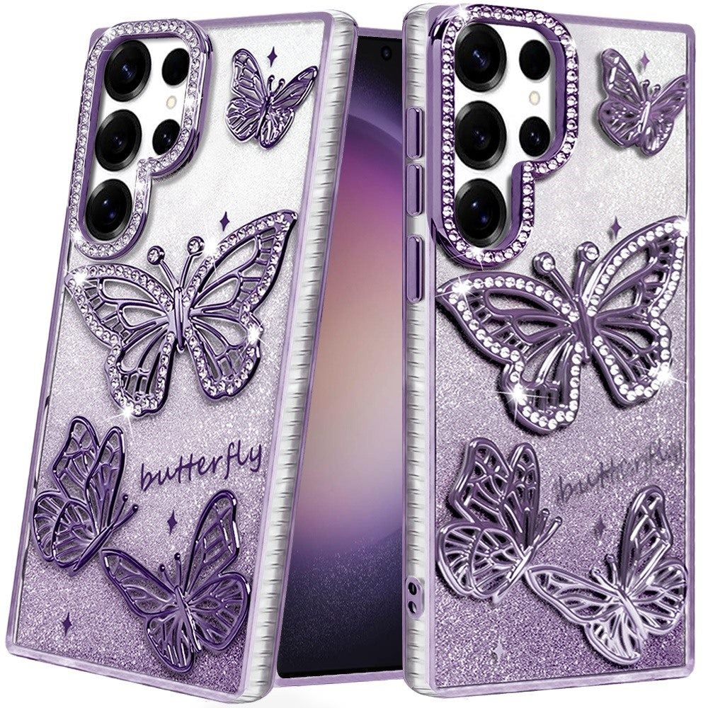 For Samsung Galaxy S25 Ultra Luxury Butterfly Sparkle Glitter Diamond Crystal Rhinestone Shimmer Bling Plating Thick TPU Hard PC Case Cover