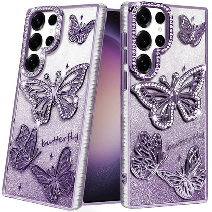 For Samsung Galaxy S24 Ultra Luxury Butterfly Sparkle Glitter Diamond Crystal Rhinestone Shimmer Bling Plating Thick TPU Hard PC Case Cover