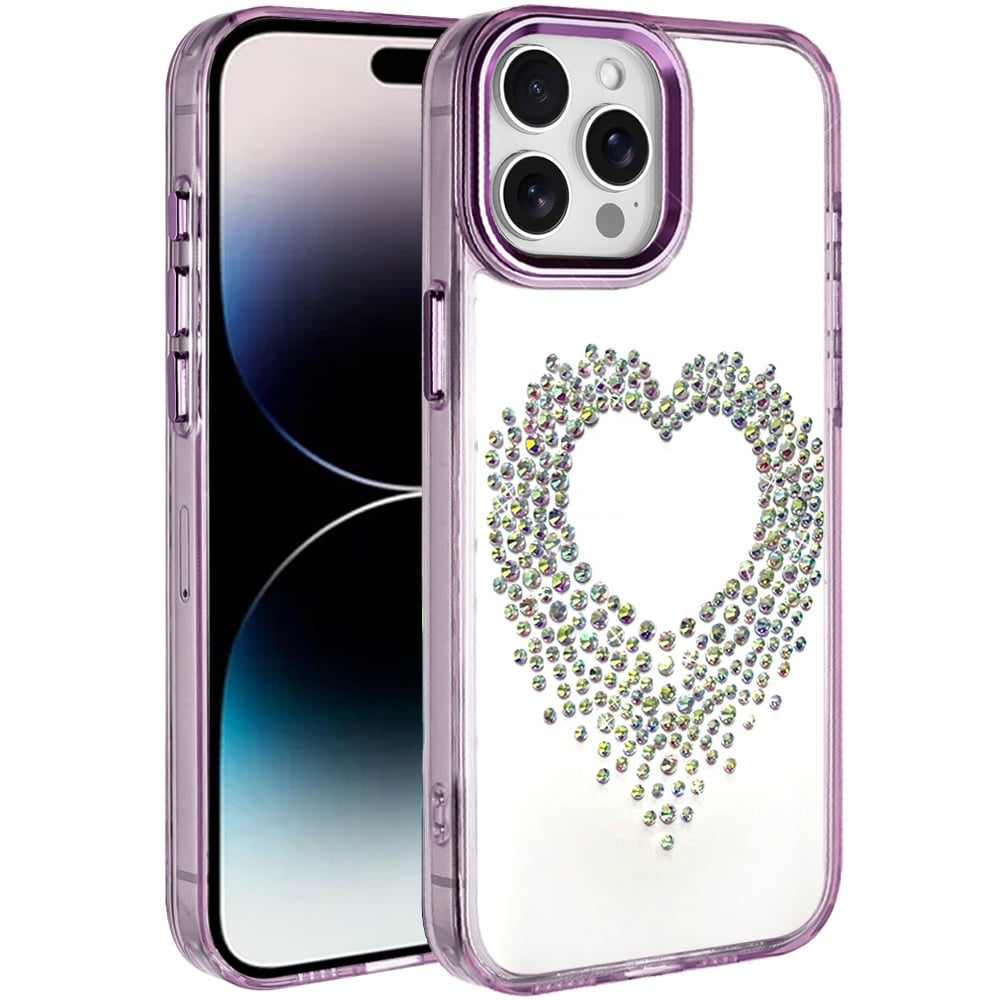 For iPhone 14 Pro Max (6.7") Angel Hearts Bling Glitter Diamond Hybrid TPU Cover, Colorful Frame Shockproof Protective Back Case Cover