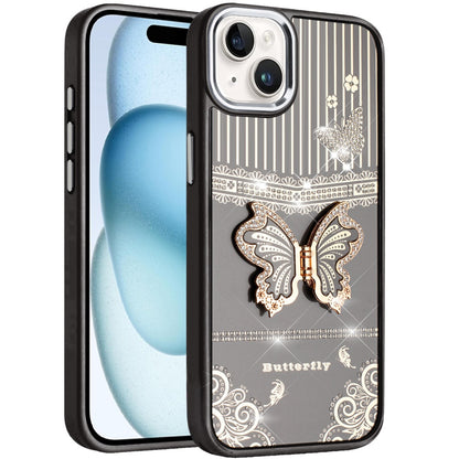 For iPhone 15 (6.1") Glitter 3D Butterfly Design Bling Metallic Edge Hybrid Stand Drop Protection TPU Shockproof Case Cover