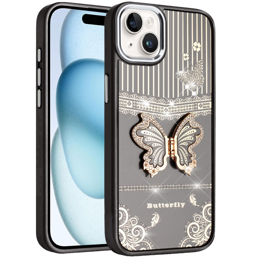 For iPhone 15 (6.1") Glitter 3D Butterfly Design Bling Metallic Edge Hybrid Stand Drop Protection TPU Shockproof Case Cover