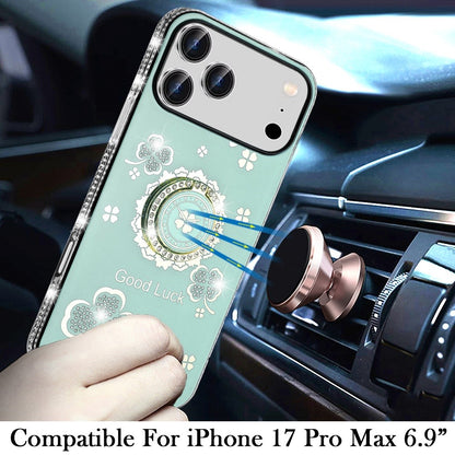 For Apple iPhone 17 Pro Max (6.9") Diamonds Bling All Around Edges Sparkly Glitter Hybrid with Ring Stand Holder Fashion Good Luck Case Cover