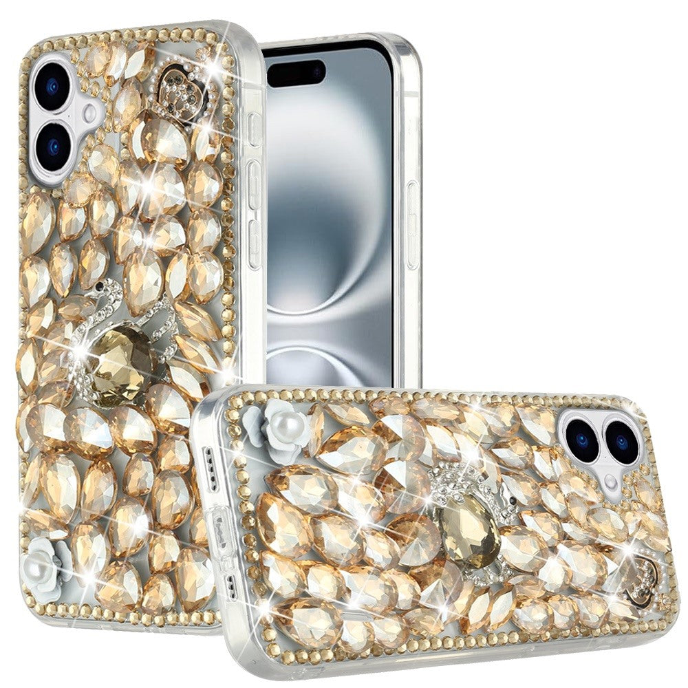 For Samsung Galaxy Z Fold 7 Bling Crystal 3D Full Diamonds Luxury Sparkle Rhinestone Hybrid Protective Case Cover Gold Swan Crown Pearl