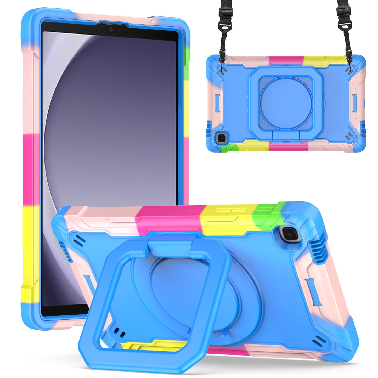 For Tough Hybrid 3 in 1 Case with 180° Rotating Kickstand, Adjustable Shoulder Strap, Shockproof TPU Rubber PC Rainbow /Blue Tablet Case Cover