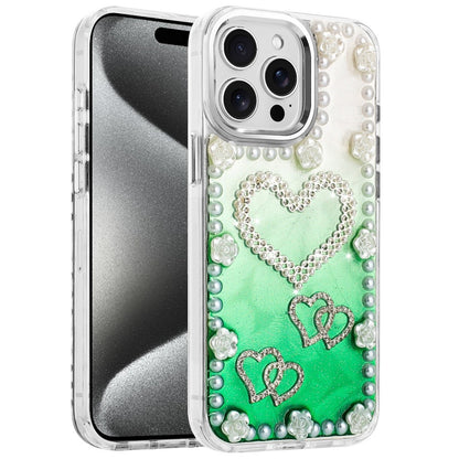 For Apple iPhone 14 Pro Max Bling Fashion Design with 3D Pearls Epoxy Glitter Ornaments Chrome Edge Hard Slim PC Case Cover