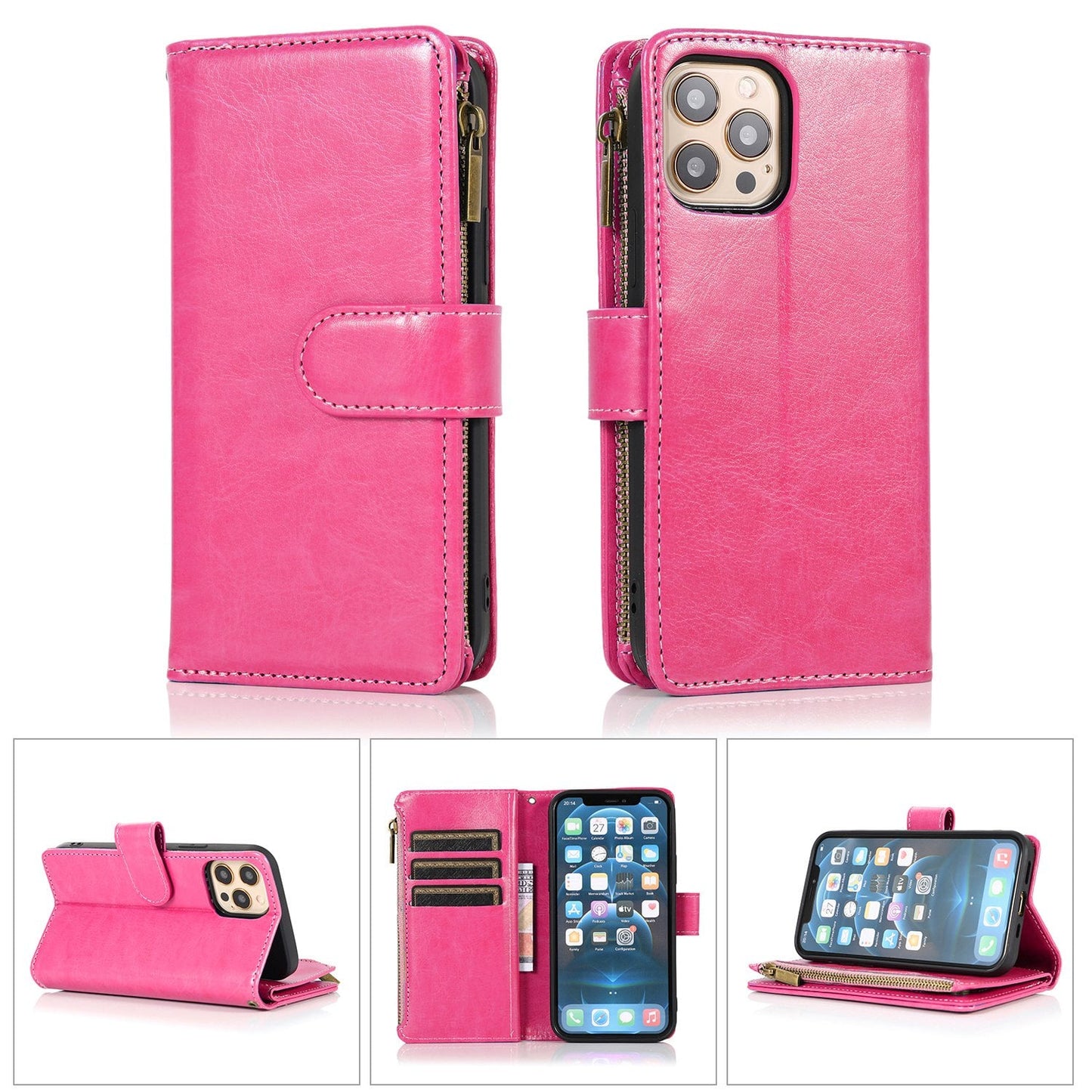 Phone Case for Apple iPhone 16 Luxury Leather Wallet Card Holder Zipper Pocket Money Storage Protective Grip Design with Strap Cover Hot Pink