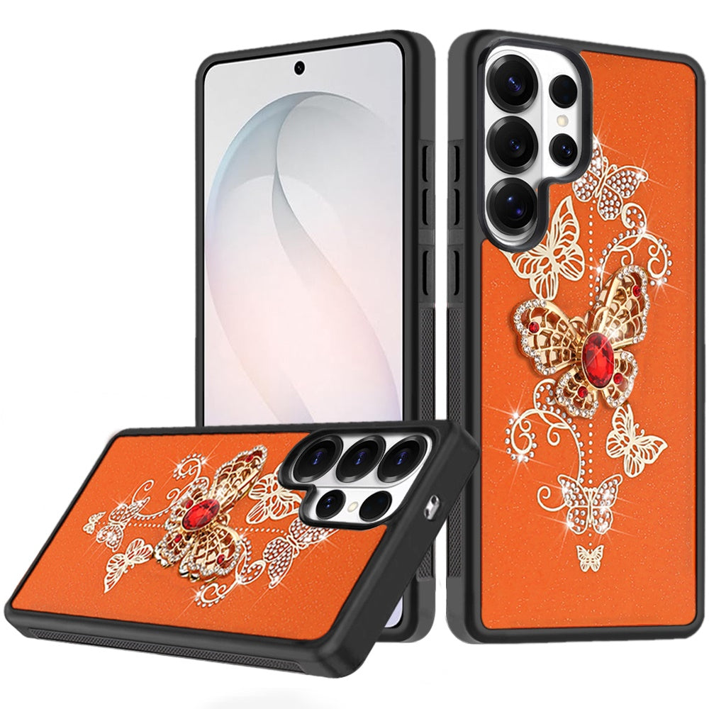 For Samsung Galaxy S26 Ultra Diamonds 3D Butterfly Bling Sparkly Glitter Ornaments Engraving Hybrid Metal Fashion Case Cover Garden Butterflies Cosmic Orang