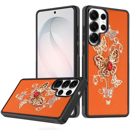 For Samsung Galaxy S26 Ultra Diamonds 3D Butterfly Bling Sparkly Glitter Ornaments Engraving Hybrid Metal Fashion Case Cover Garden Butterflies Cosmic Orang
