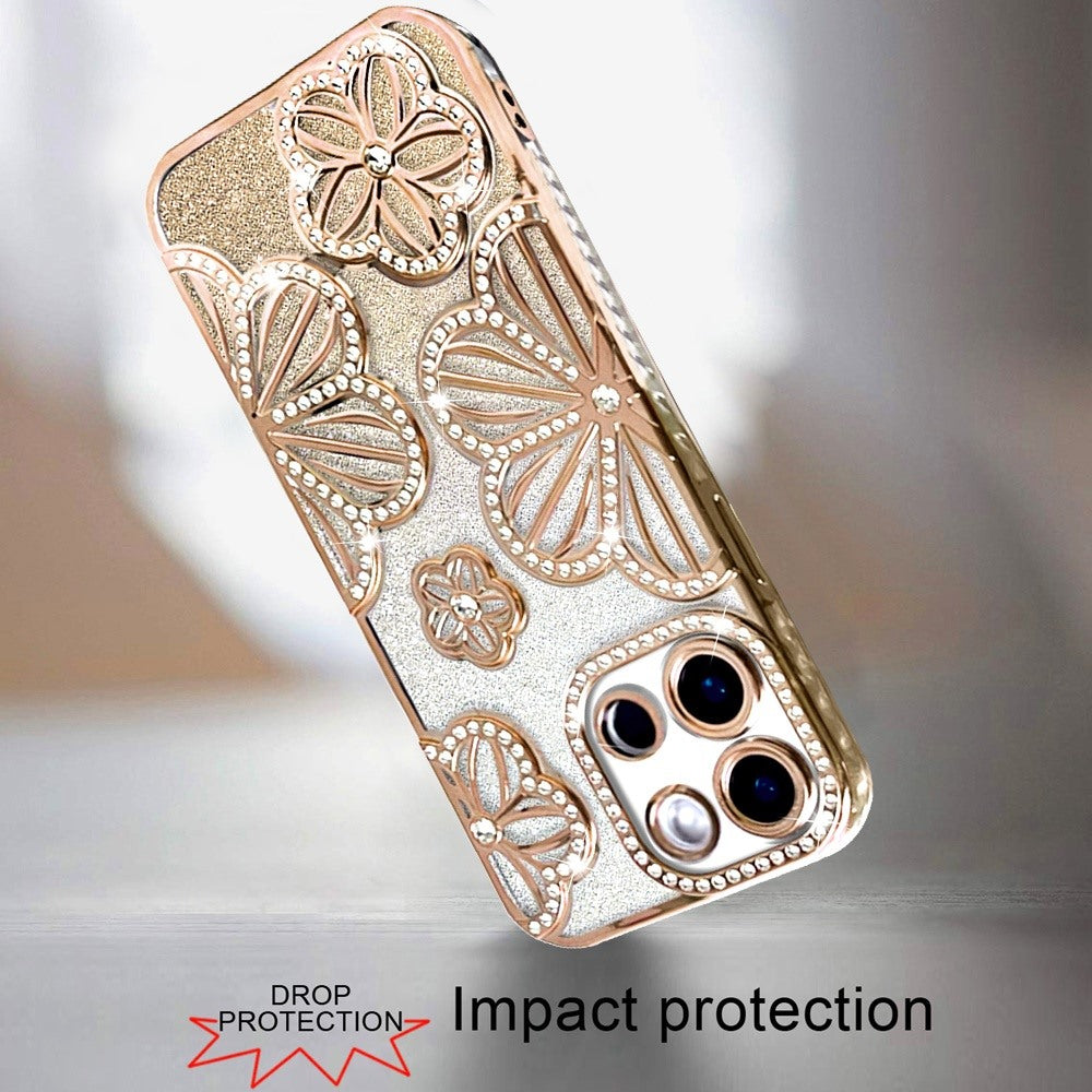 For Samsung Galaxy A26 Luxury Flower Design Sparkle Glitter Diamond Rhinestone Shimmer Bling Plating Thick TPU Hard PC Case Cover Flower Gold