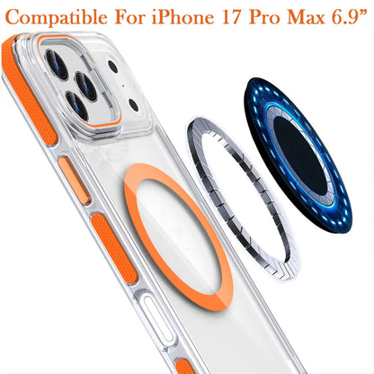 Phone Case for Apple iPhone 17 Pro Max (6.9") Magnetic Ring Camera Stand Shockproof Hybrid Clear Transparent Metal Bracket Durable Protective Grip Cover Cosmic Orange