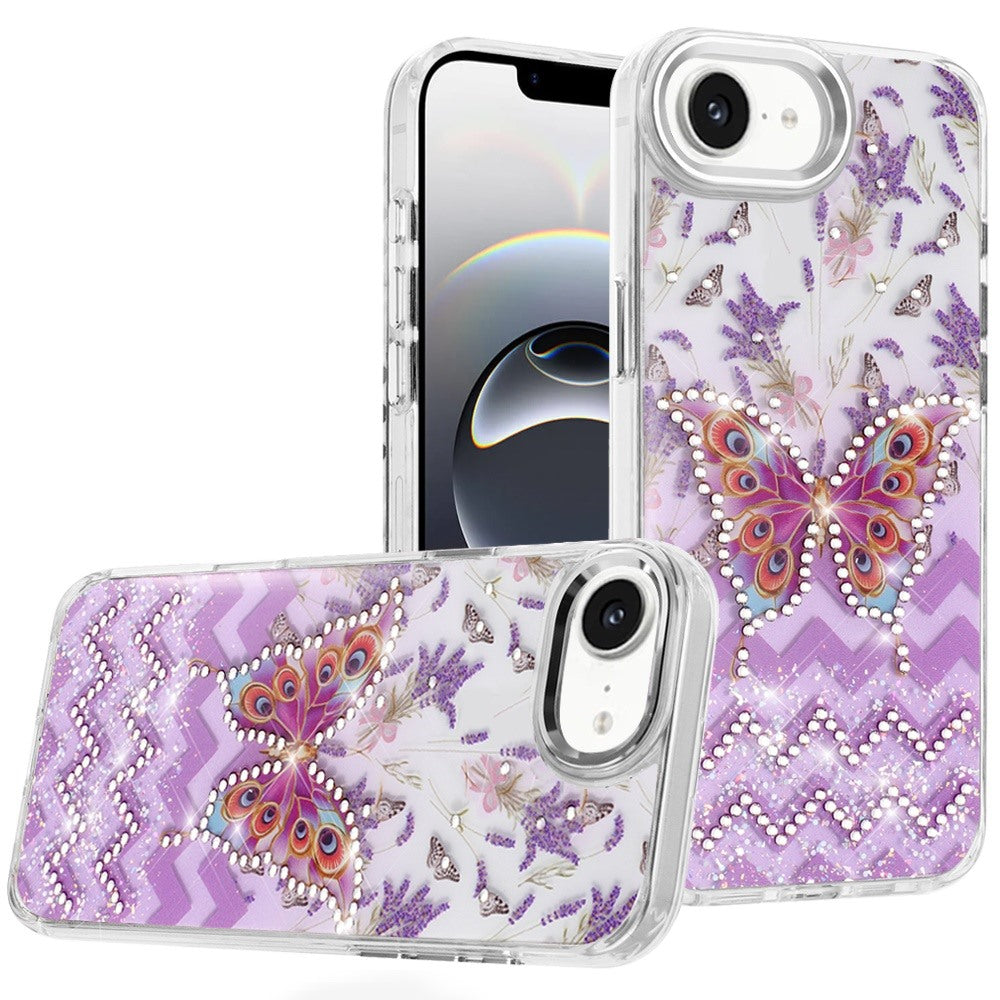 For Apple iPhone 17E /16E Butterfly Resin Epoxy Diamond Design Metal Edged Hybrid Shockproof Heavy Duty Drop Protection Case Cover