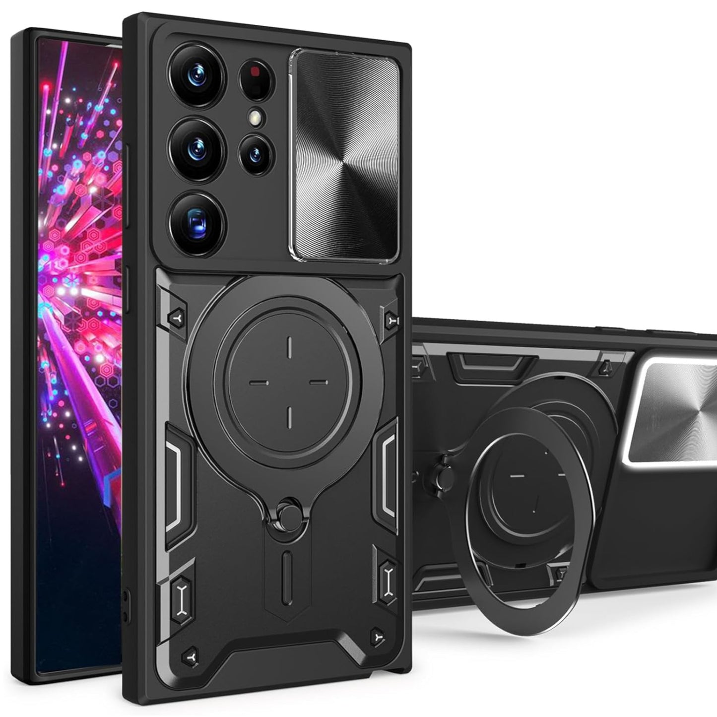 For Apple iPhone 16 Pro (6.3") Magnetic Circle Ring Stand Compatible with Magsafe and Sliding Camera Lens Protector Hybrid Shockproof Case Cover