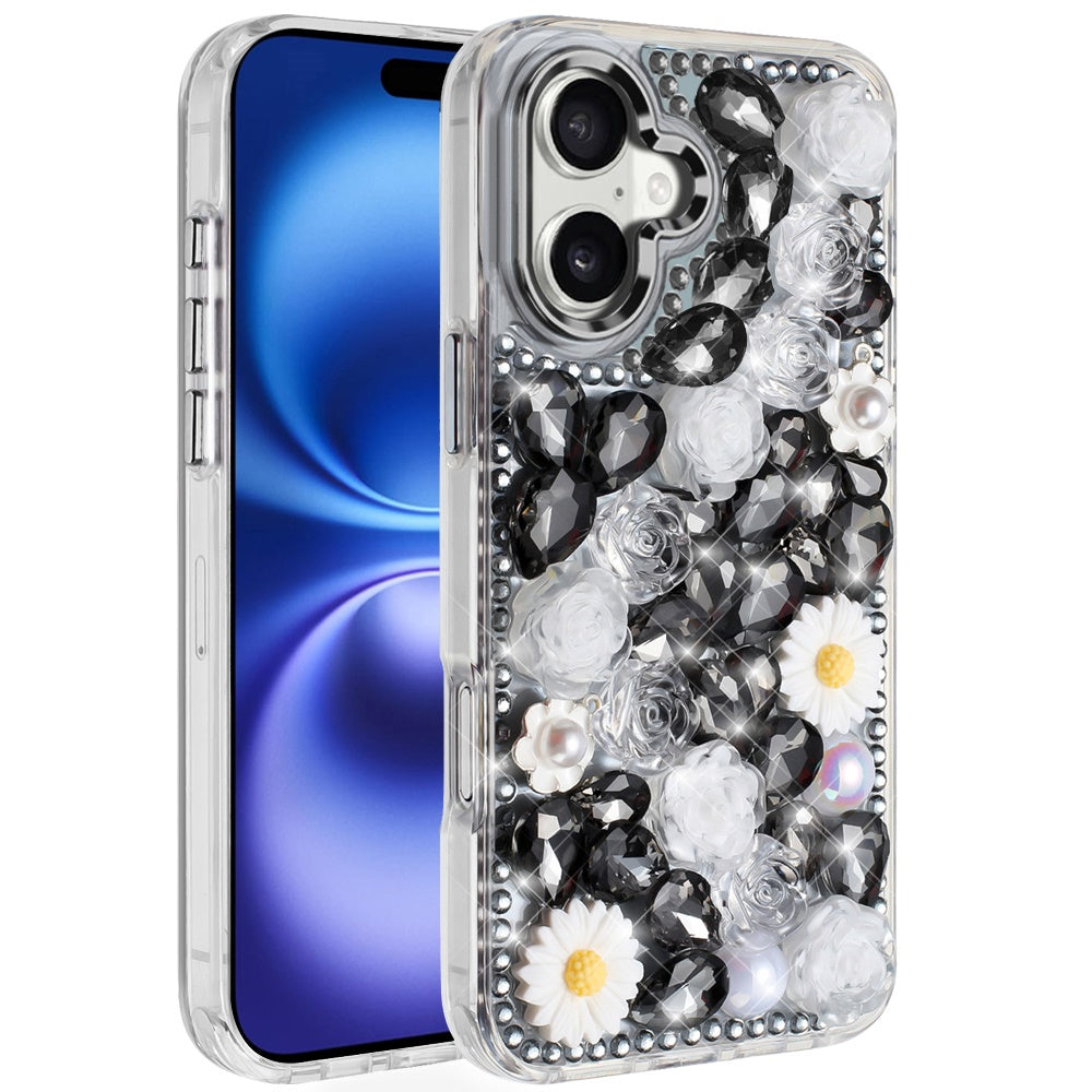 For Apple iPhone 17 (6.3") Fashion Daisy Floral Series, Full 3D Bling Crystal Diamonds Sparkling Rhinestone Glitter Hybrid Design Case Cover
