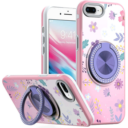For iPhone 8 Plus / iPhone 7 Plus Pattern Design Hybrid with Invisible Ring Stand & Magnetic Back, Shockproof Protective Grip Case Cover