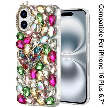 For Apple iPhone 16 Plus (6.7") Bling Crystal 3D Full Diamonds Luxury Sparkle Rhinestone Hybrid Protective Case Cover
