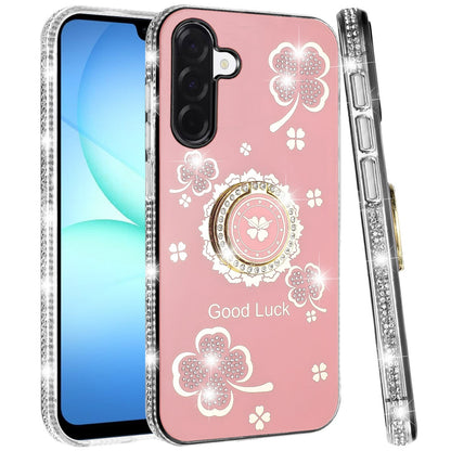 For Samsung Galaxy A17 5G Diamonds Bling All Around Edges Sparkly Glitter Hybrid with Ring Stand Holder Fashion Good Luck Case Cover