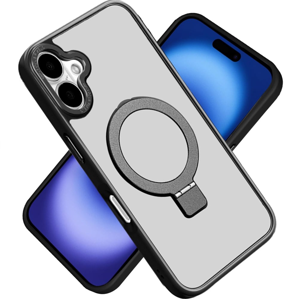 For Apple iPhone 17 (6.3") Magnetic Metal Matte Built-in Compatible with MagSafe Kickstand Hybrid Shock Armor TPU Case Cover Black