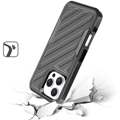 For Apple iPhone 16 Pro Hybrid lined shockproof dual layer Rugged 2in1 Hard PC & Silicone TPU Non Slip Textured Tough Armor Case Cover Black+Grey