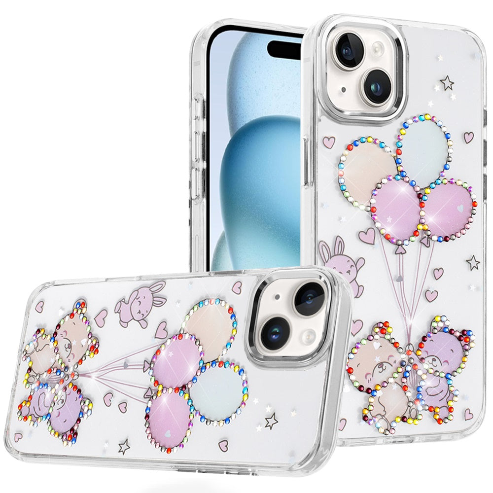 For iPhone 15 (6.1") Butterfly Resin Epoxy Diamond Design Metal Edged Hybrid Shockproof Heavy Duty Drop Protection Case Cover
