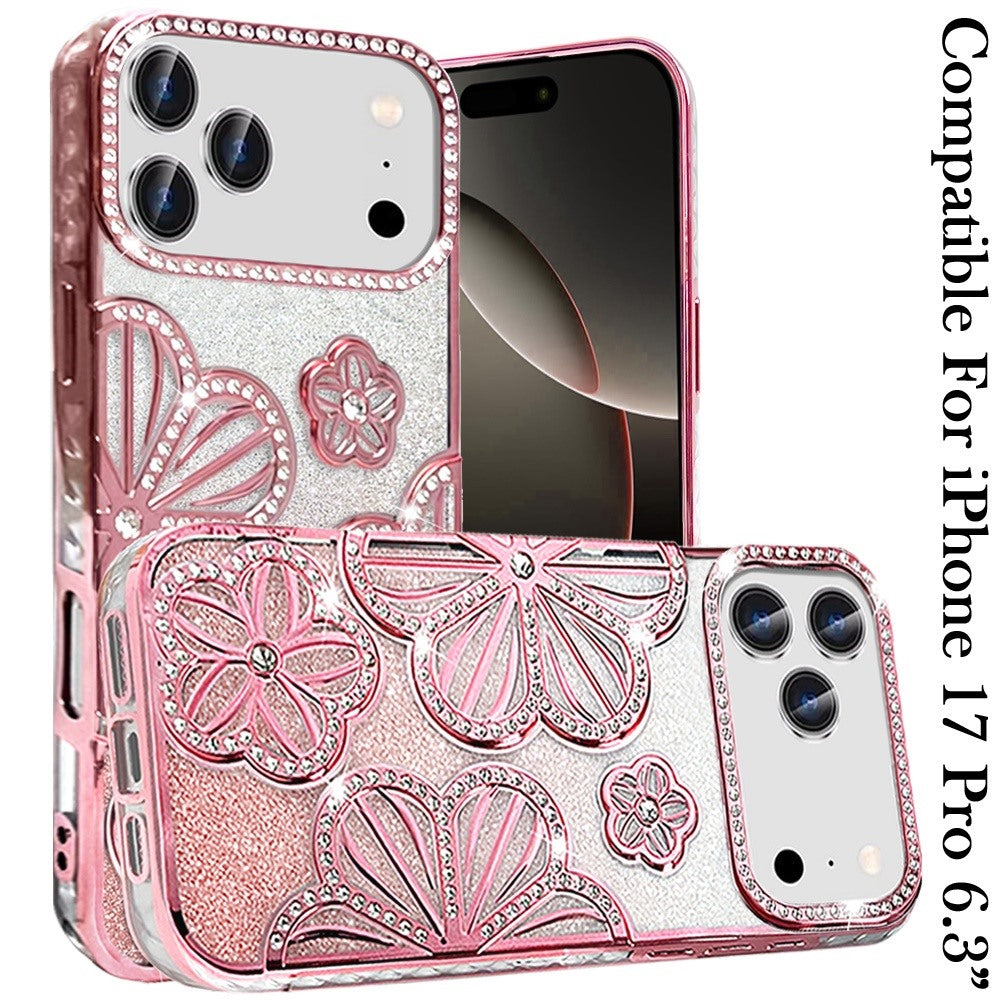 For Apple iPhone 17 Pro (6.3") Luxury Flower Design Sparkle Glitter Diamond Rhinestone Shimmer Bling Plating Thick TPU Hard PC Case Cover