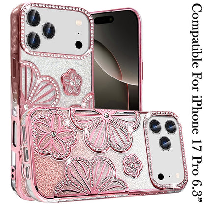 For Apple iPhone 17 Pro (6.3") Luxury Flower Design Sparkle Glitter Diamond Rhinestone Shimmer Bling Plating Thick TPU Hard PC Case Cover