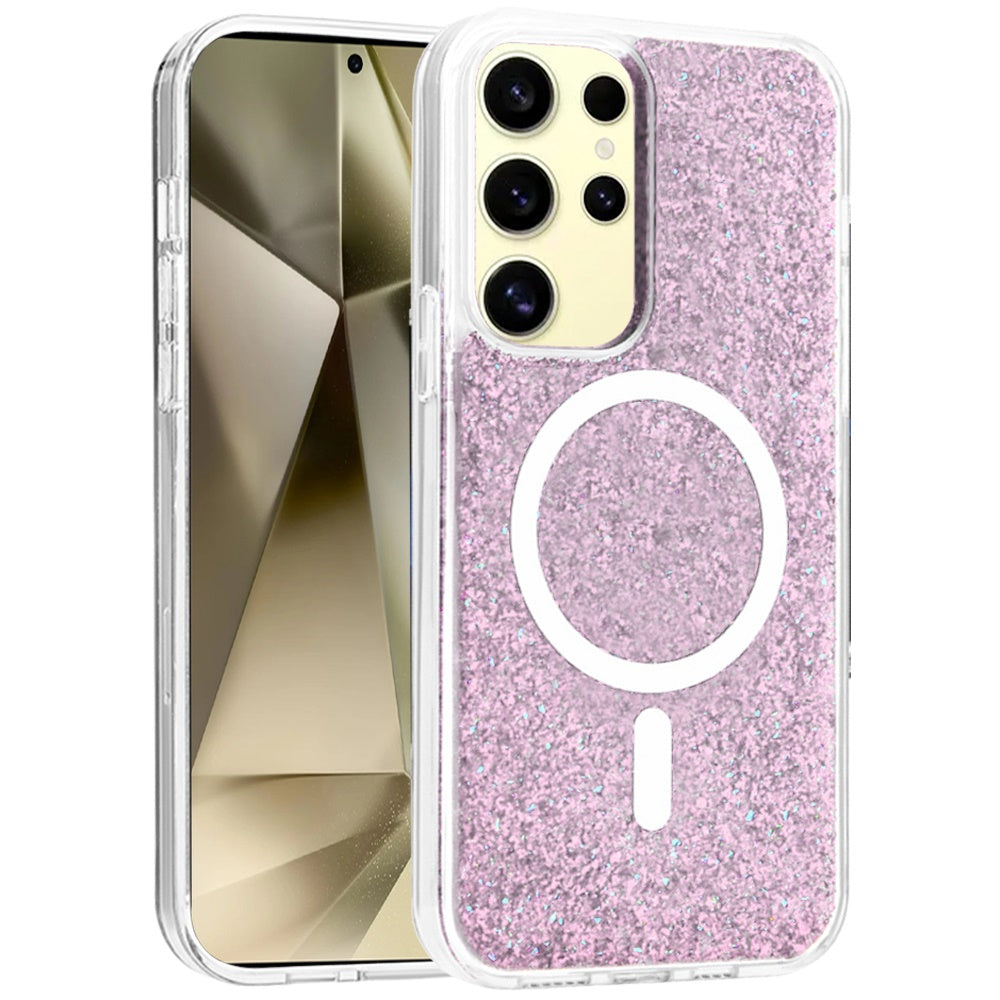 For Samsung Galaxy S25 /S24 Hybrid Epoxy Glitter Shiny Flower Design Stylish Fashion Case, Magnetic MagSafe Compatible, Shockproof Case Cover