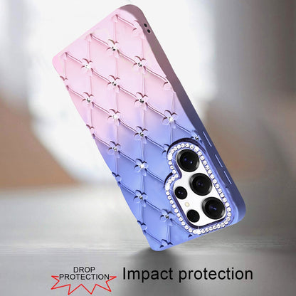 For Samsung Galaxy S23 Ultra Fashion Flower Design Sparkle Glitter Shimmer Rhinestone Bling Floral Accents, Leather Texture TPU Case Cover