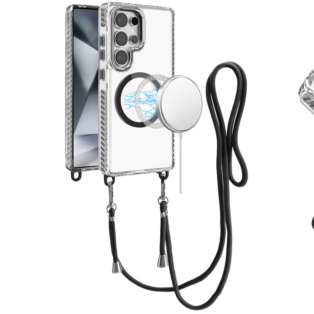 For Samsung Galaxy S25 /S24 Clear Magnetic Frame PC Back Shockproof Protective Case with Detachable Lanyard Strap, Compatible with MagSafe Case Cover