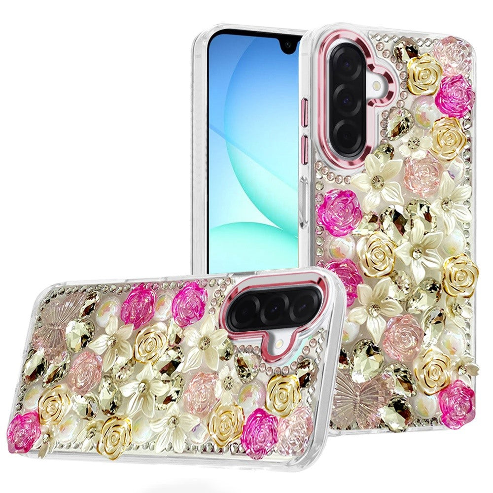 For Apple iPhone 17E /16E 3D Diamond Floral Roses Flower Bling Stone Hybrid, Sparkly Rhinestone Gemstone Back Shockproof Case Cover