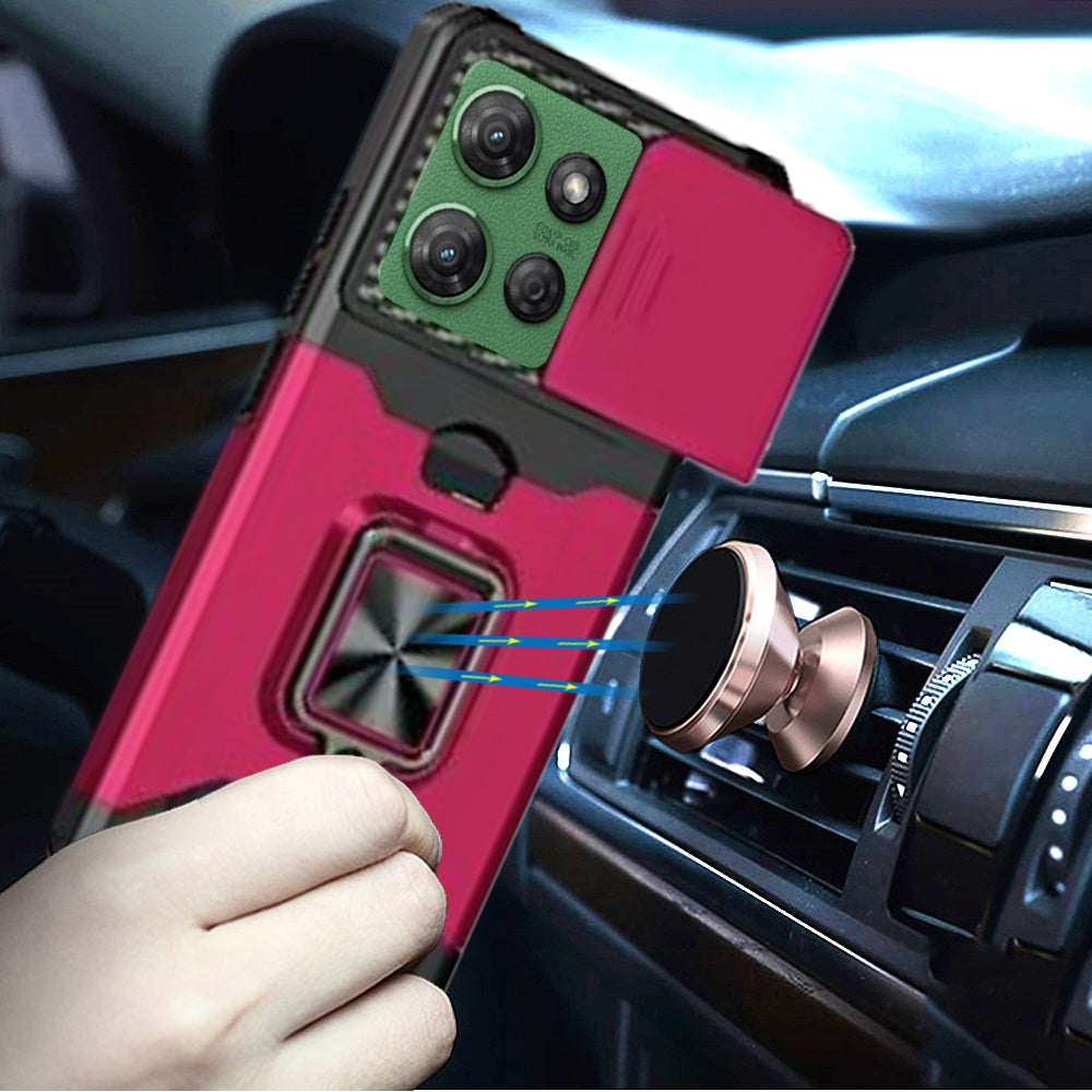 For Motorola Moto G Power 5G 2025 Wallet Case with Ring Stand & Slide Camera Cover Back Credit Card Slot Holder, Military Grade Case Cover Hot Pink