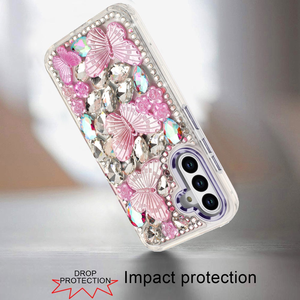 For Samsung Galaxy S25 FE, S25 Fan Edition 3D Diamond Floral Butterfly Bling Stone Hybrid, Sparkly Rhinestone Gemstone Back Shockproof Case Cover Purple