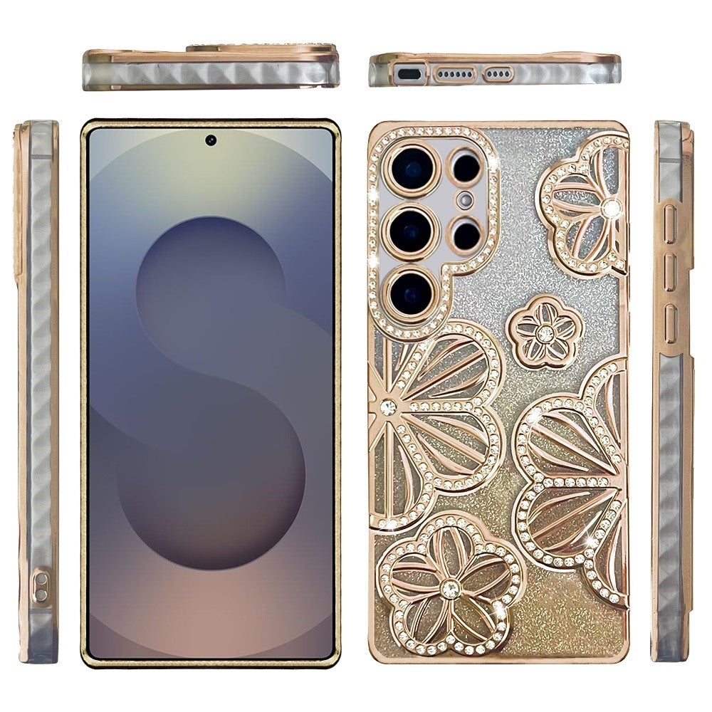 For Samsung Galaxy S25 Ultra Luxury Flower Design Sparkle Glitter Diamond Rhinestone Shimmer Bling Plating Thick TPU Hard PC Case Cover