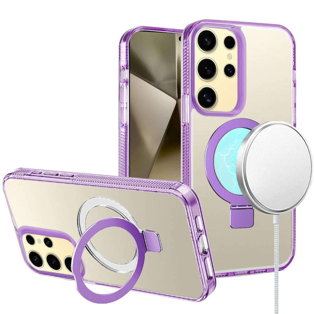 For Samsung Galaxy S22 5G Transparent Magnetic Ring Circle Stand with MagSafe Compatible Hybrid Dotted Edged Hard PC Shockproof Case Cover