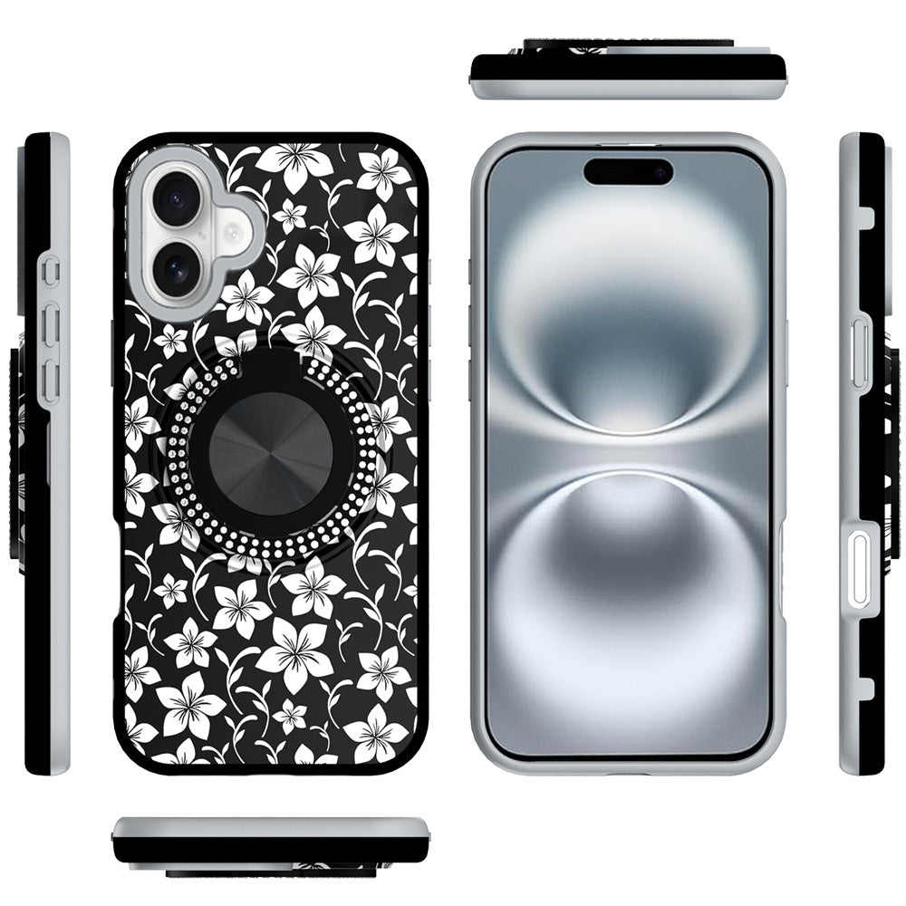 For Apple iPhone 16 (6.1") Pattern Design Hybrid with Invisible Ring Stand & Magnetic Back, Shockproof Protective Grip Case Cover