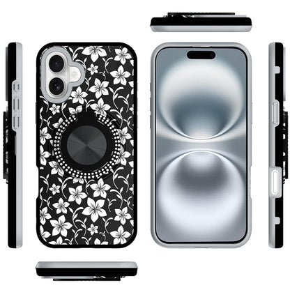 For Apple iPhone 16 (6.1") Pattern Design Hybrid with Invisible Ring Stand & Magnetic Back, Shockproof Protective Grip Case Cover