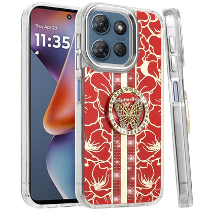For Motorola Moto G Play 5G 2026 Diamonds 3D Butterfly Floral Design Bling Sparkly Glitter Hybrid Metal Fashion with Ring Stand Case Cover