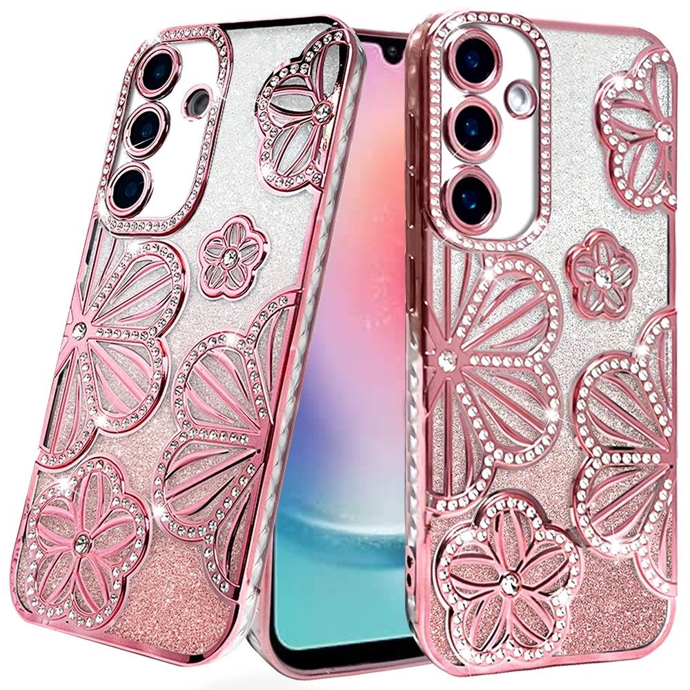 For Samsung Galaxy A26 Luxury Flower Design Sparkle Glitter Diamond Rhinestone Shimmer Bling Plating Thick TPU Hard PC Case Cover Flower Rose Gold