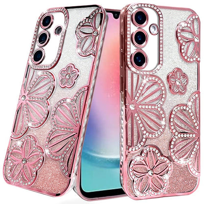 For Samsung Galaxy A26 Luxury Flower Design Sparkle Glitter Diamond Rhinestone Shimmer Bling Plating Thick TPU Hard PC Case Cover Flower Rose Gold