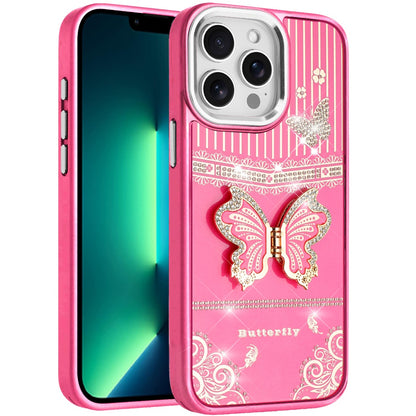 For Apple iPhone 13 Pro Max Glitter 3D Butterfly Design Bling Metallic Edge Hybrid Stand Drop Protection TPU Shockproof Case Cover Dark Purple