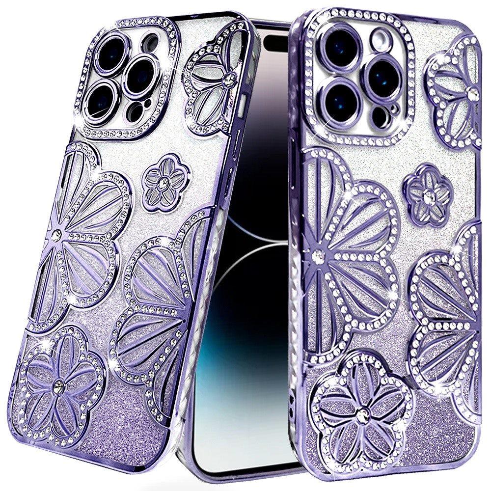For Apple iPhone 16 Pro Max (6.9") Luxury Floral Design Sparkle Glitter Diamond Crystal Rhinestone Shimmer Bling Plating Thick TPU Hard PC Case Cover