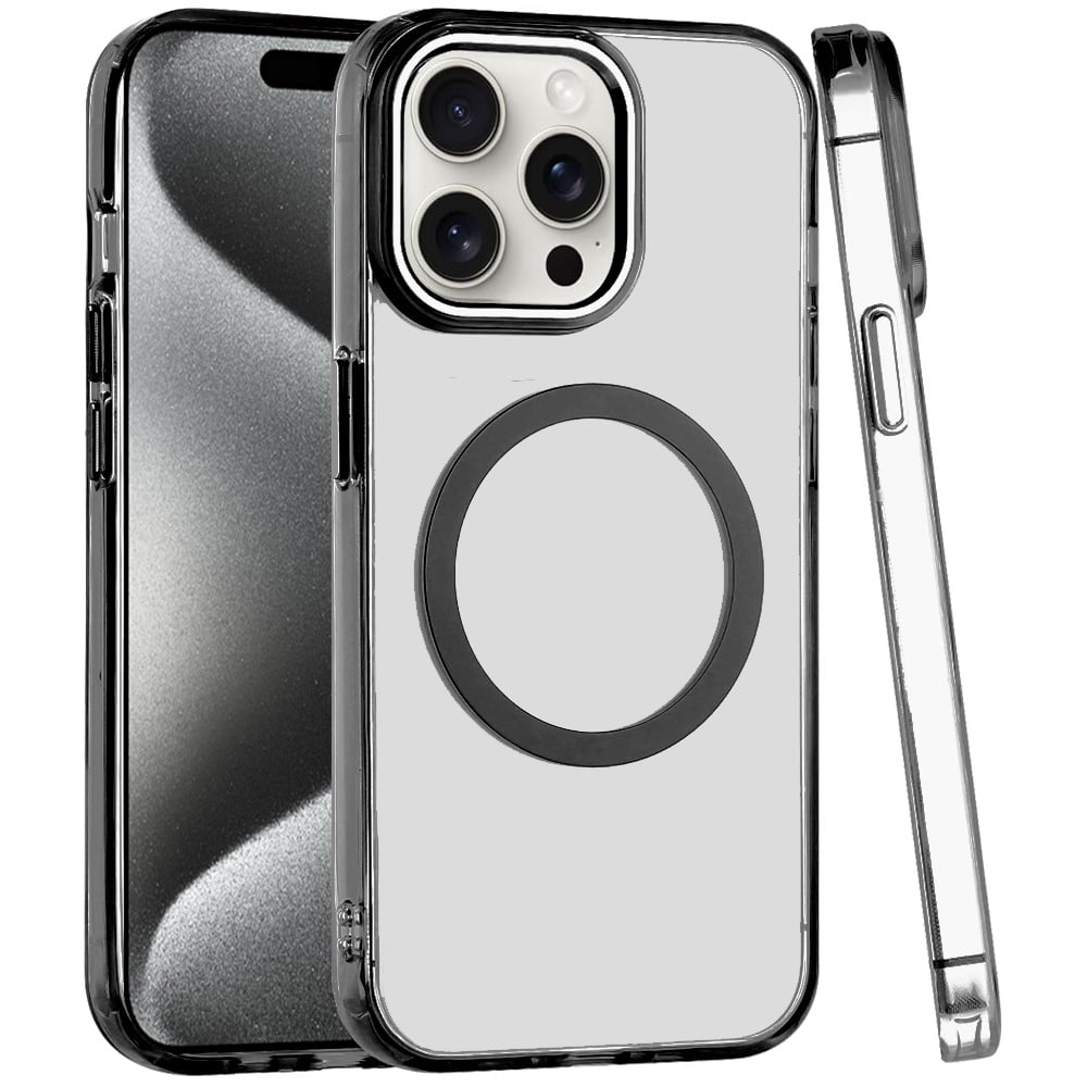 Phone Case for iPhone 15 Pro (6.1") Magnetic Clear Acrylic Metal Button Camera Guard Shockproof Transparent Slim Grip Premium Hybrid Cover Black