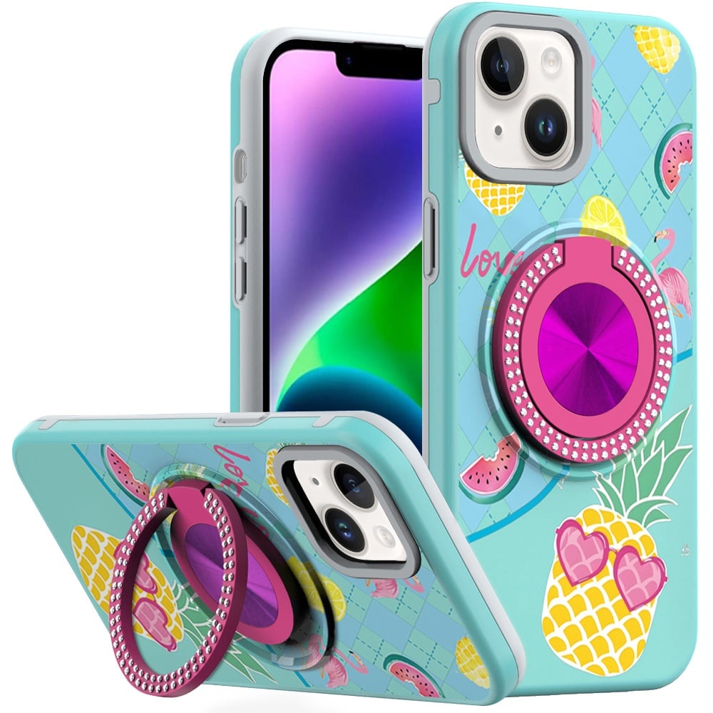 For iPhone 14/13 (6.1") Pattern Design Hybrid with Invisible Ring Stand & Magnetic Back, Shockproof Protective Grip Case Cover
