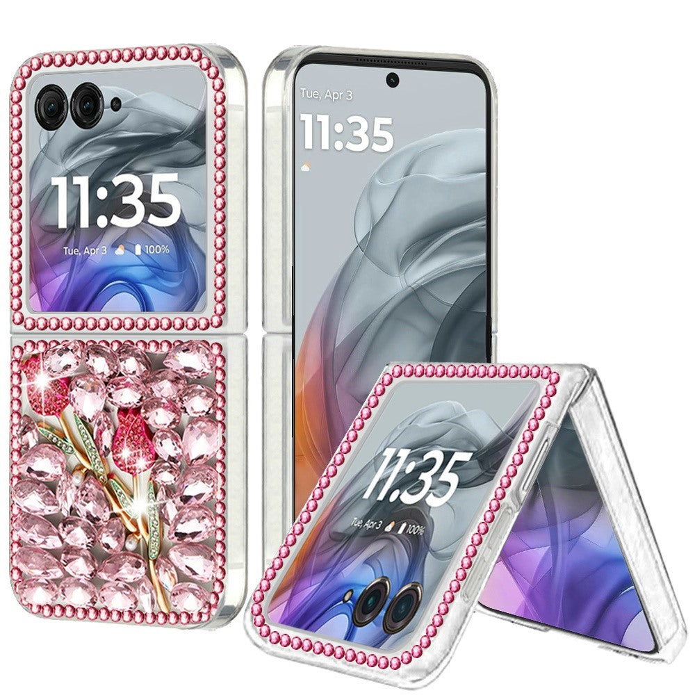 For Motorola Razr 2025 /2024 Bling Crystal 3D Full Diamonds Luxury Sparkle Rhinestone Hybrid Case Cover Pink Exquisite Garden Flower