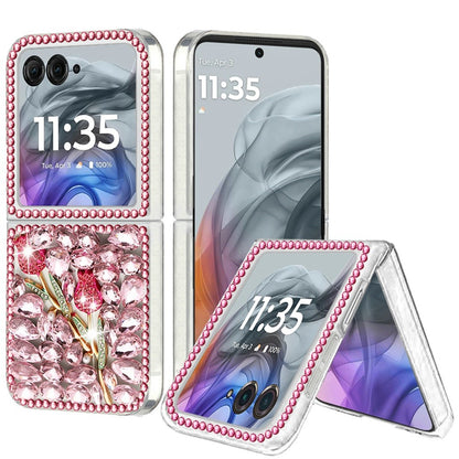 For Motorola Razr 2025 /2024 Bling Crystal 3D Full Diamonds Luxury Sparkle Rhinestone Hybrid Case Cover Pink Exquisite Garden Flower